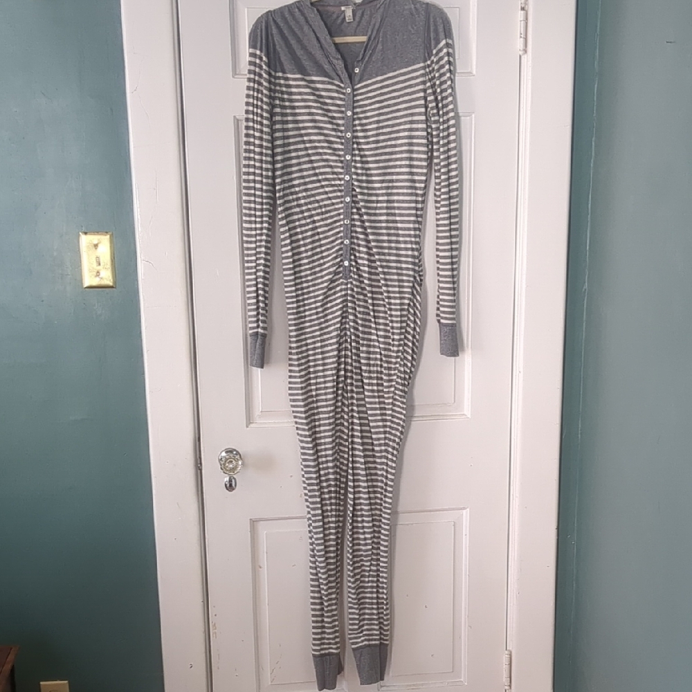 J. Crew Womens Union Suit Gray and White Striped Onesie Size Medium
